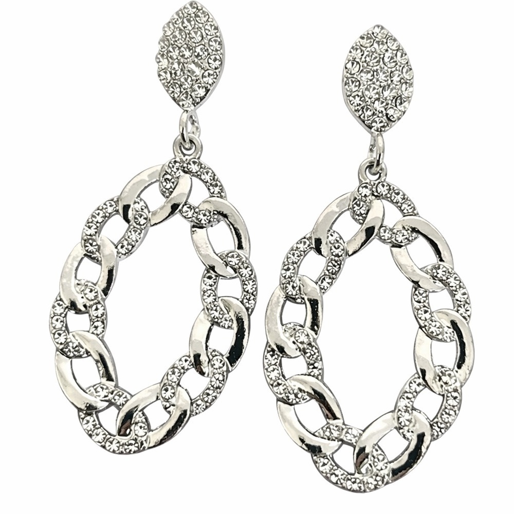 Tuckernuck Silver Crystal Pavé Chain Link Drop Earrings – 2.5” Statement Dangles - Picture 2 of 4